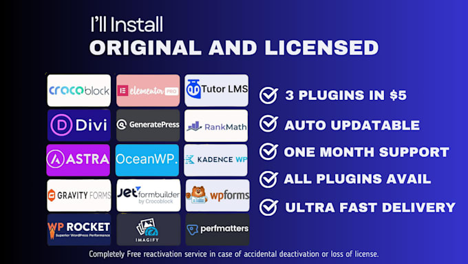 Gig Preview - Install elementor pro, crocoblock, rank math, astra pro, wpml with auto updates