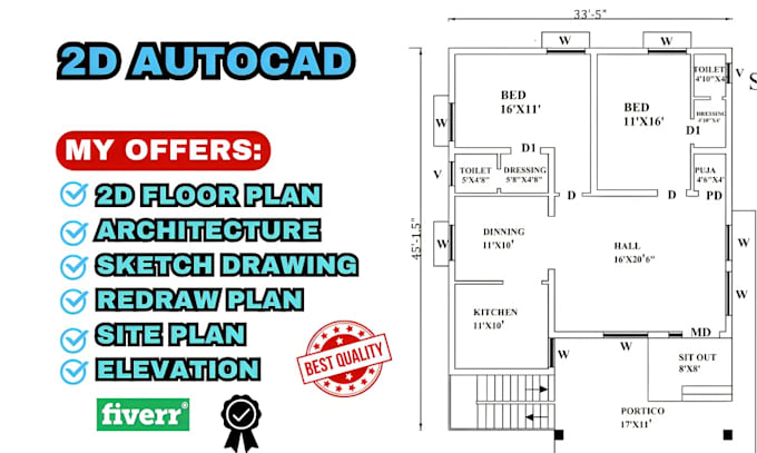 Gig Preview - Be your architect to draw house plan floor layout, architectural 2d layout plan