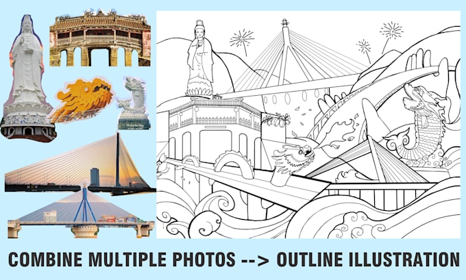 Gig Preview - Combine multiple photos into one outline illustration