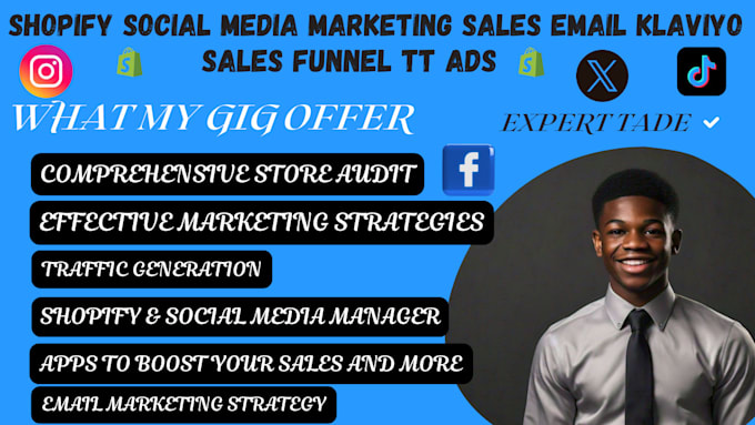 Gig Preview - Complete shopify social media marketing sales email klaviyo sales funnel tt ads