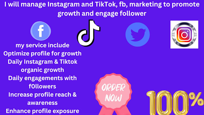 Gig Preview - Manage instagram and tiktok, fb, marketing to promote grow and engage follower