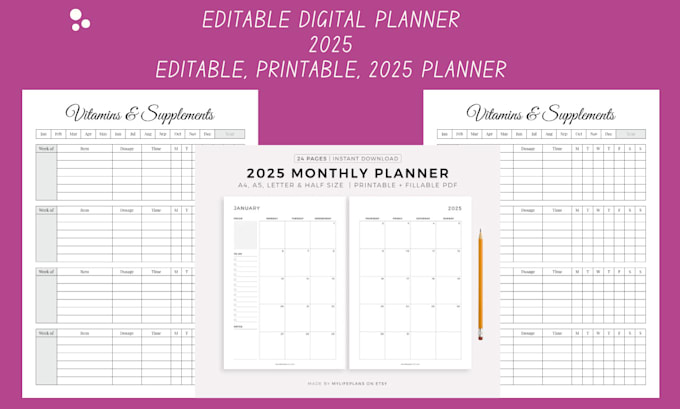 Gig Preview - Create 2025 digital products, printable planner, digital planner with calendar