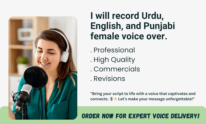 Gig Preview - Record urdu, english and punjabi female voice over for videos and ads