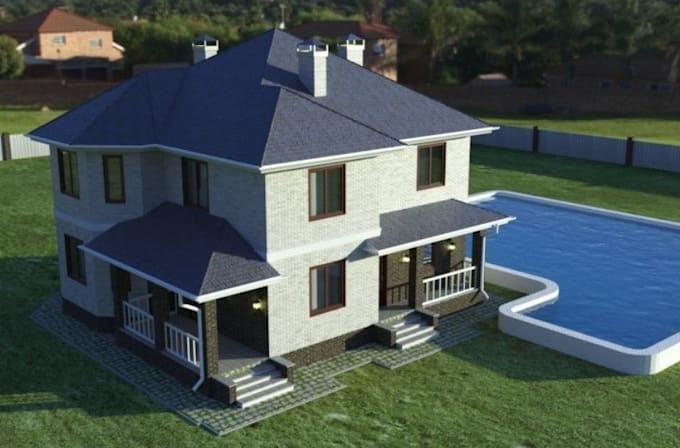 Gig Preview - Sketchup beautiful  exterior house design,with swimming pool,skp rendering,lawn