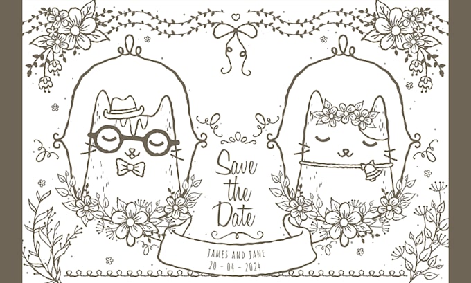 Gig Preview - Create custom cat couple portrait in line art style