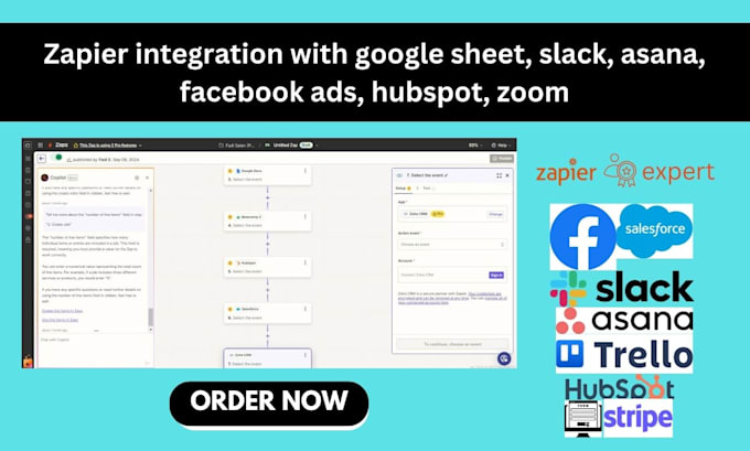 Gig Preview - Zapier integration with google sheet, slack, asana, facebook ads, hubspot, zoom