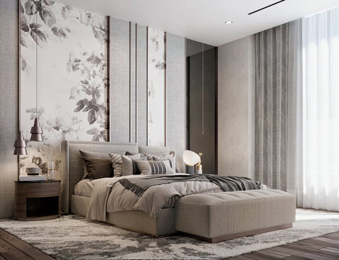 Gig Preview - Create a modern bedroom interior design and a cozy bedroom cgi interior design