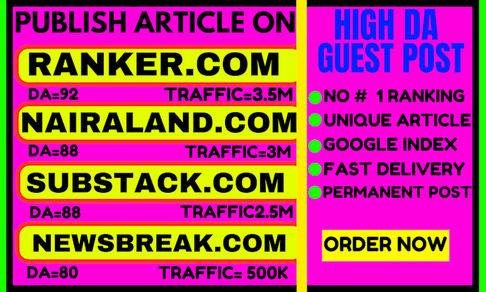 Gig Preview - Publish article on high da SEO guest posts backlinks via guest posting service