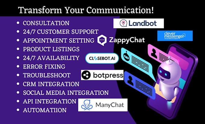 Gig Preview - Chatbot intercom botpress manychat closebot zappychat landbot clevermessenger