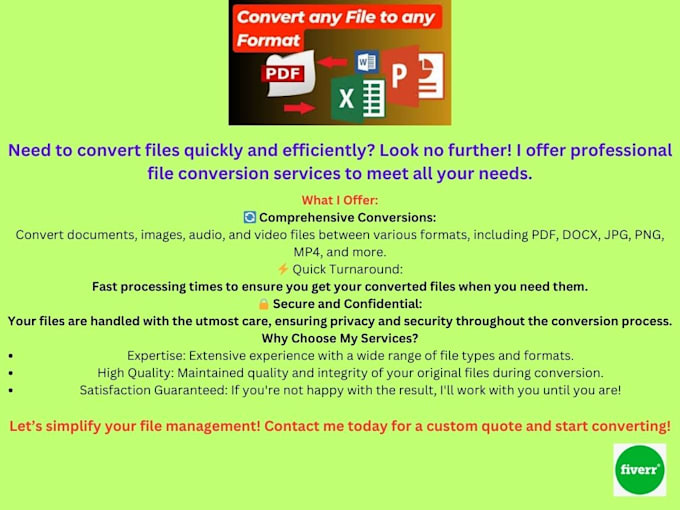 Gig Preview - Convert your files effortlessly and quickly