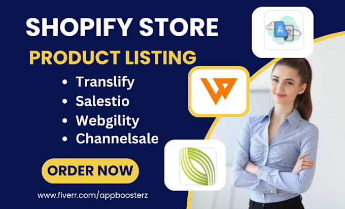 Gig Preview - Design shopify store product listing translify salestio webgility channelsale