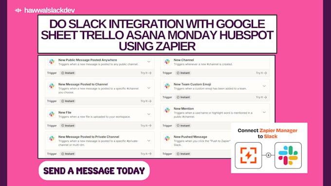 Gig Preview - Do slack integration with google sheet trello asana monday hubspot using zapier