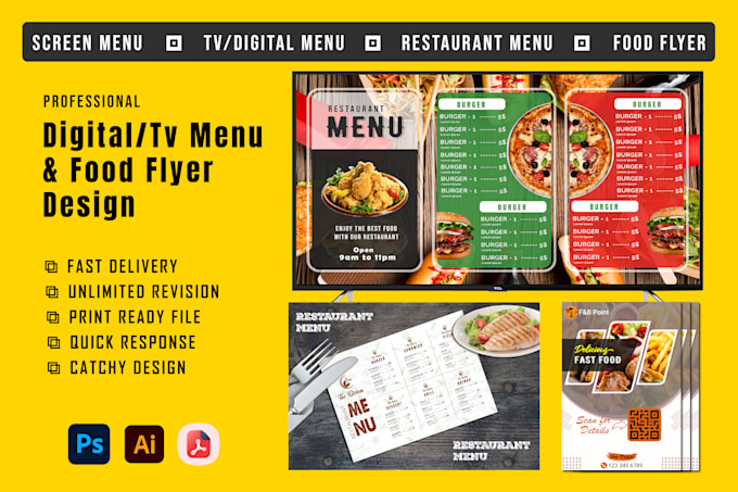 Bestseller - do modern TV menu design restaurant menu digital or screen menu food flyer