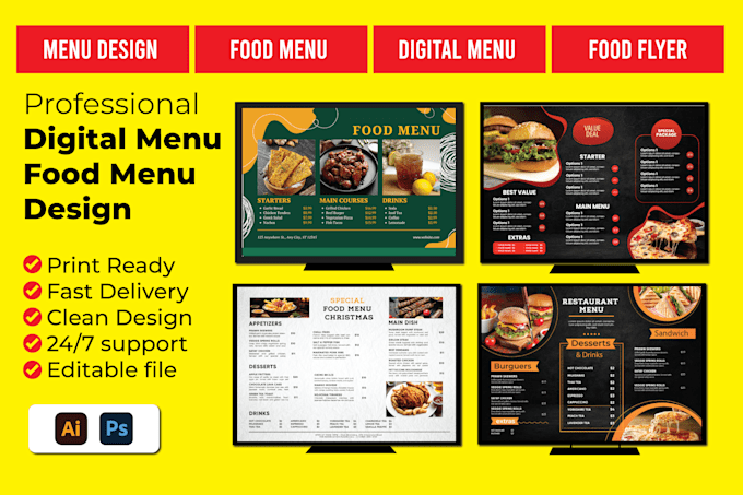 Gig Preview - Design digital menu board  modern food flyer  food menu card restaurant menu