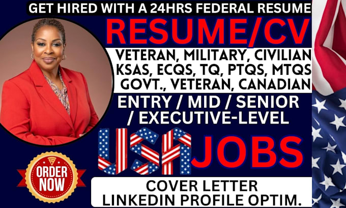 Gig Preview - Write 24hrs federal, veteran, military, govnt, usajobs, ksas, executive resume