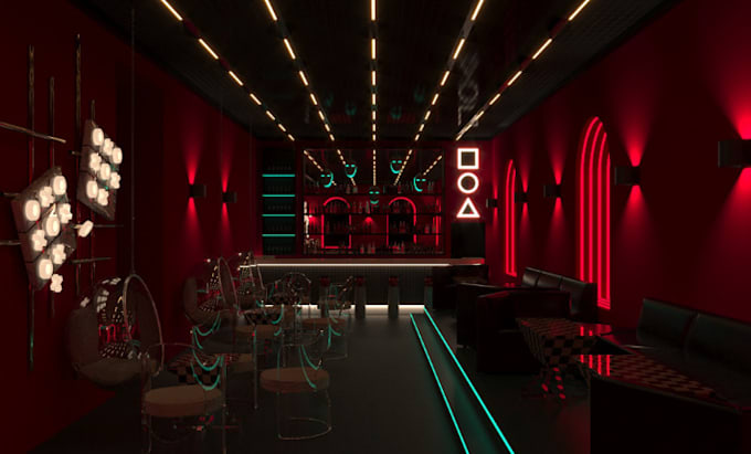 Gig Preview - Modern cgi interior, nightclub design, lounge, bar, restaurant  3d rendering