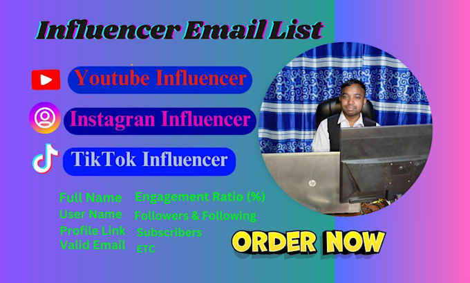 Gig Preview - Influencer list for instagram, youtube and tiktok email list