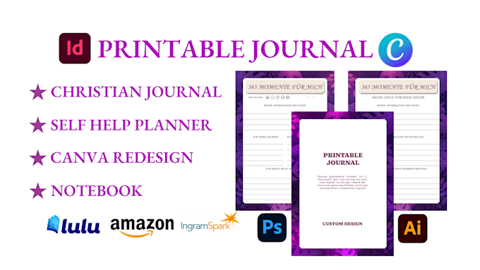 Gig Preview - Design custom printable journal self help christian journal notebook planner kdp