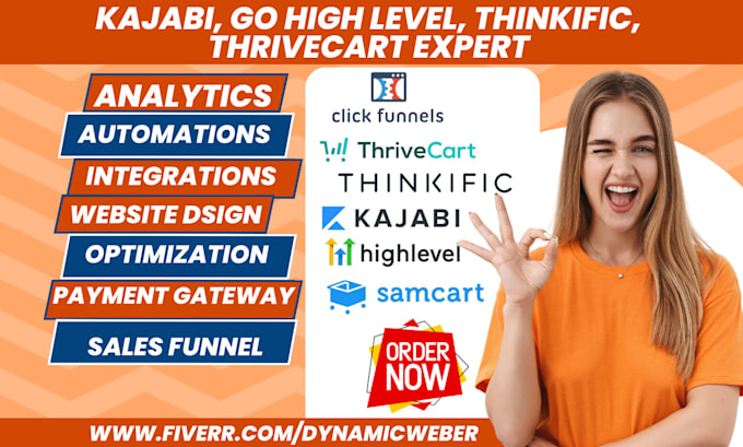 Gig Preview - Build kajabi gohighlevel thinkific thrivecart samcart click funnel landing page