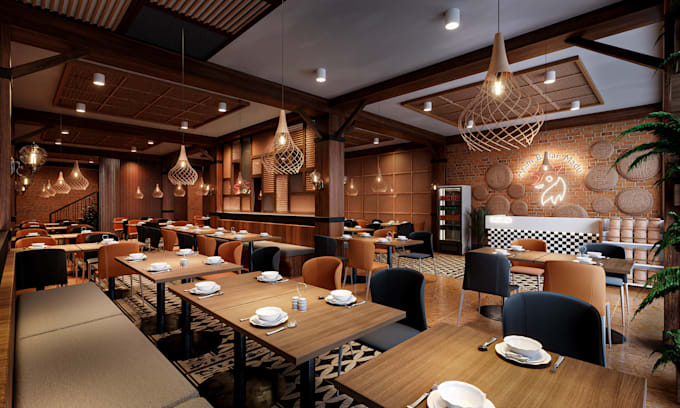 Gig Preview - Render 3d interior, interior design, house, restaurant