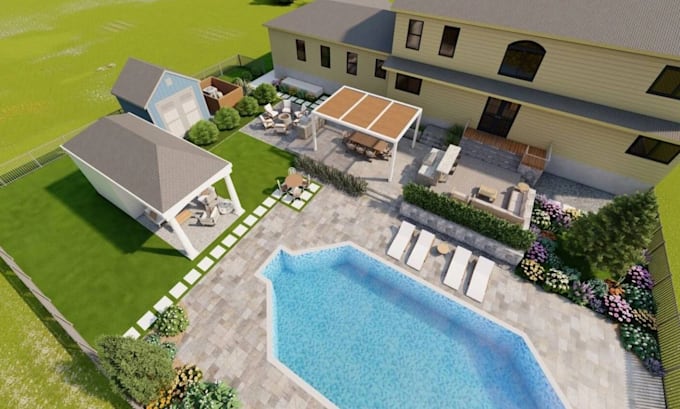 Gig Preview - Do front yard and backyard landscape design, garden terrace patio swimming pool