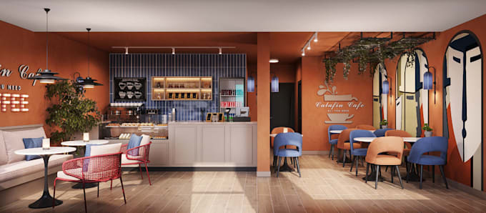 Gig Preview - Retouch 3d interior restaurant design, coffee shop, octane render bakery kitchen