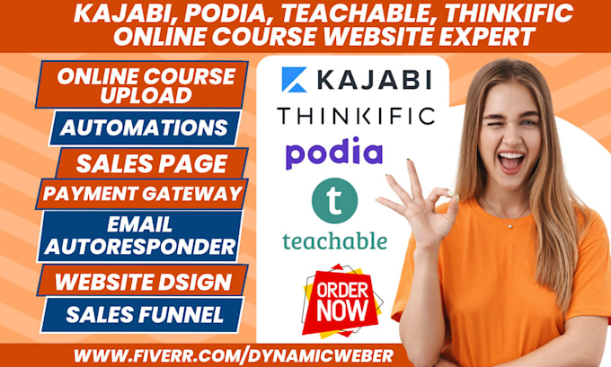 Gig Preview - Build kajabi teachable podia wix new zenler thinkific online course website