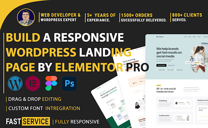 Gig Preview - Build a responsive wordpress landing page,   elementor landing page