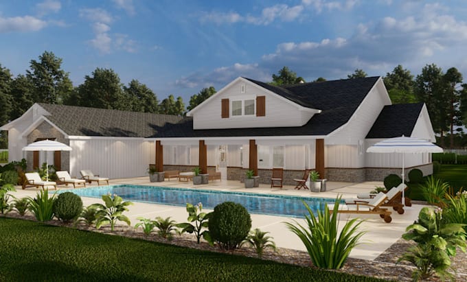 Gig Preview - Modern cgi farmhouse design or residential villa with 3d rendering