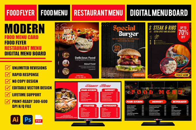 Gig Preview - Design modern food menu card food flyer restaurant menu digital menu board