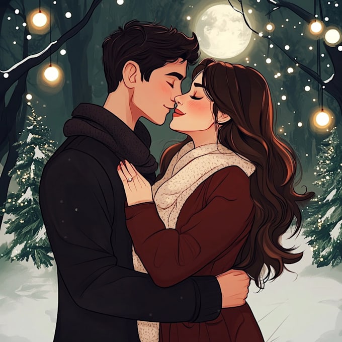 Gig Preview - Make your cute cartoon style christmas couple portrait