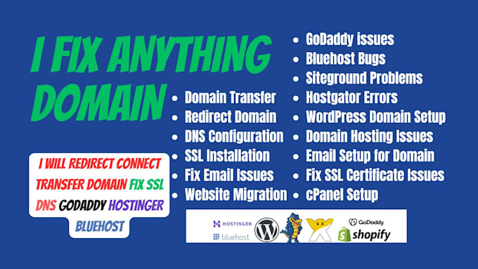 Gig Preview - Redirect, connect, transfer domain, fix dns, SSL, godaddy, hostinger, bluehost