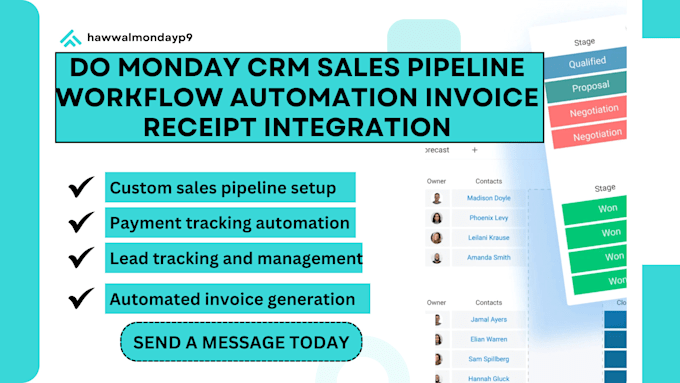 Gig Preview - Do monday CRM sales pipeline workflow automation invoice receipt integration