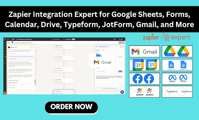 Gig Preview - Zapier integration with google sheet form calendar drive typeform jotform gmail