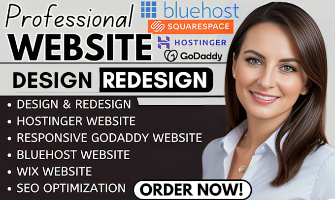 Gig Preview - Design, redesign wordpress website on bluehost godaddy squarespace wix hostinger