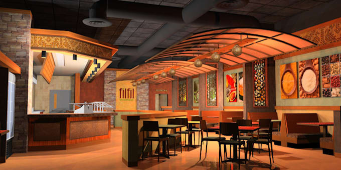 Gig Preview - 3d interior design, realistic rendering, architexture cafe,3d restaurant design