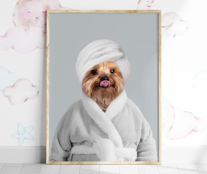 Gig Preview - Create pet in bathrobe portraits, funny bathroom decor ideas