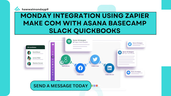 Gig Preview - Do monday integration using zapier make com with asana basecamp slack quickbooks