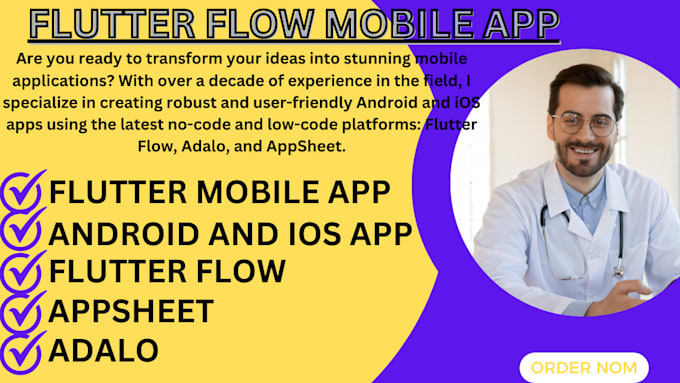 Gig Preview - Do flutter mobile app, android and ios app using flutter flow, adalo, appsheet