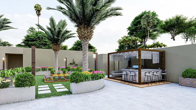 Gig Preview - Design your garden, backyard, patio, terrace 3d realistic landscape