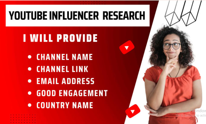 Gig Preview - Do youtube influencer research and provide email lists for influencer marketing