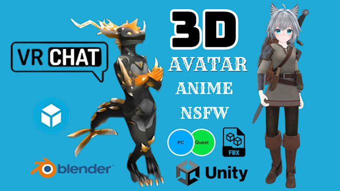 Gig Preview - Make well detailed custom vrchat avatar, anime 3d model, furry avatar, 3d vtuber