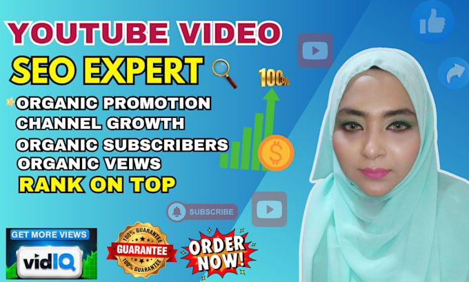 Gig Preview - Provide top rank youtube video SEO with vidiq and  promotion