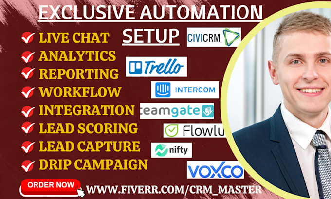 Gig Preview - Setup automation flowlu wix civicrm teamgate intercom trello saleshq nifty voxco