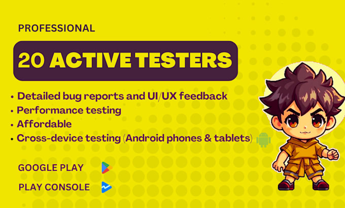 Gig Preview - Do 20 testers google play console, android app testing, closed testing app