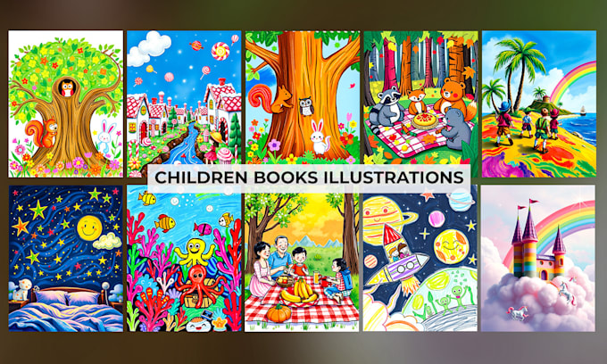 Gig Preview - Create vibrant cartoon illustrations for childrens books using ai