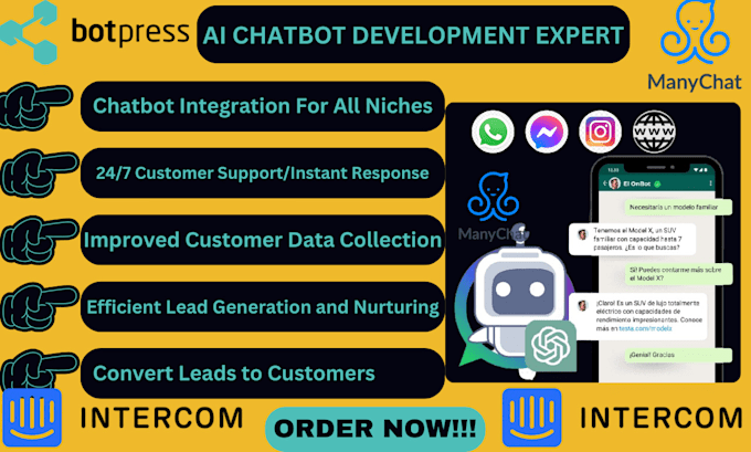 Gig Preview - Build manychat bot for your social channels, websites, intercom botpress chatbot