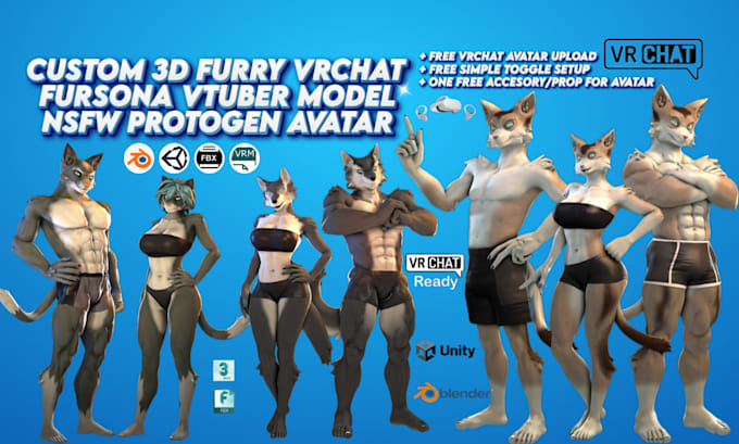 Gig Preview - Custom furry vrchat avatar, furry vr avatar, fursona vtuber model, 3d nsfw model