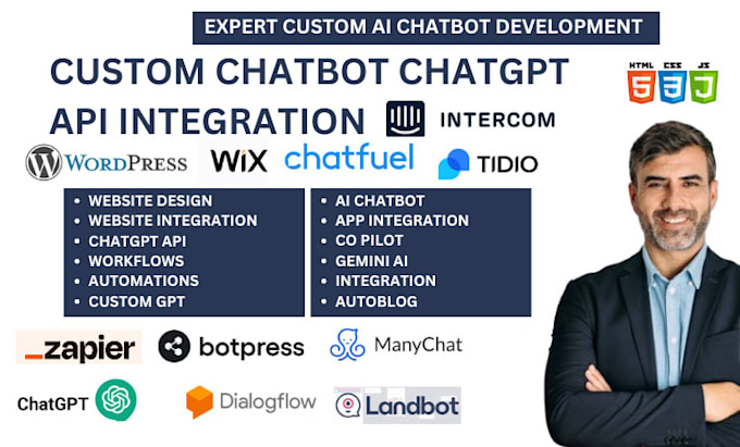 Gig Preview - Setup botpress tidio zapier intercom manychat chatfuel voiceflow chatgpt landbot