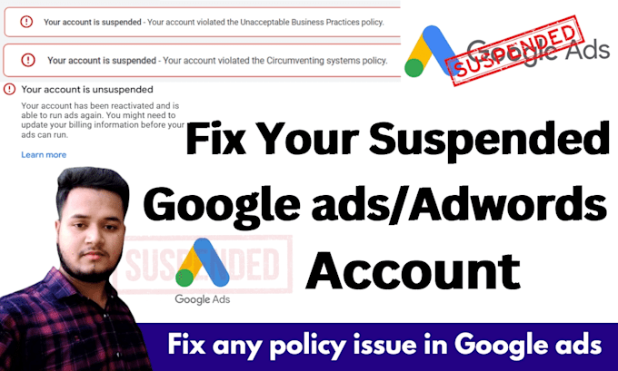 Gig Preview - Fix your suspended google ads adwords account any suspension issue